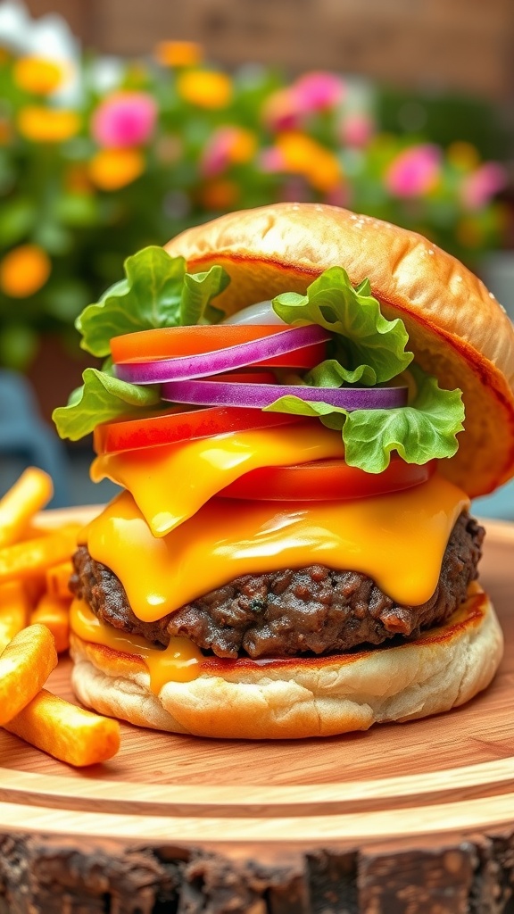 Classic cheeseburger with beef patty, cheddar cheese, lettuce, tomato, onion, served with fries.